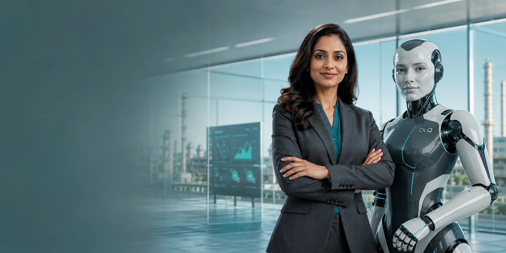 A manager stands with folded arms beside a DLQ humanoid agent in a glass office overlooking an industrial plant, an operations dashboard on the wall behind them.
