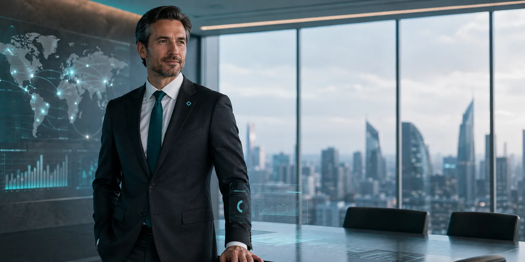 A man stands in a boardroom in front of a wall display showing a world map and summary charts.